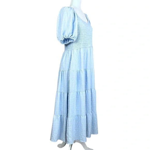 NEW PRETTY GARDEN L Maxi Dress Smocked Swiss Dot High Waist V Neck Tiered Blue - Picture 3 of 15